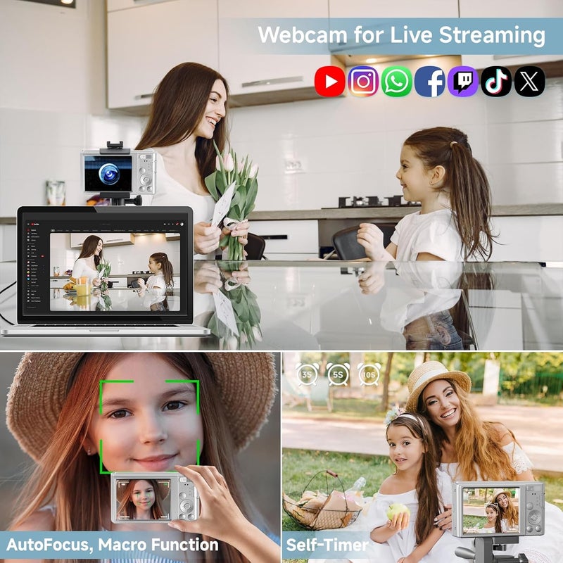 SMARTKLIK Digital Camera, 2025 4K 44MP Autofocus Digital Cameras for Teens, Silver Point and Shoot Camera for Kids with 16X Zoom, 64GB SD Card, Compact Small for Boys Girls Teens Kids Gift - Image 4